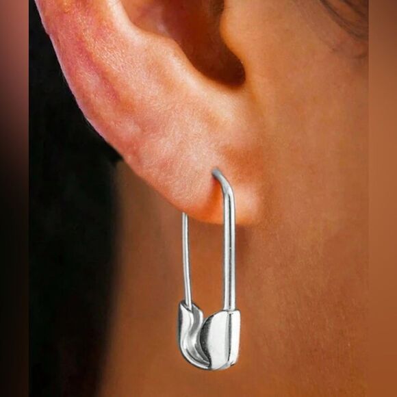 Silver Safety Pin Earrings N1342 - Picture 2 of 5